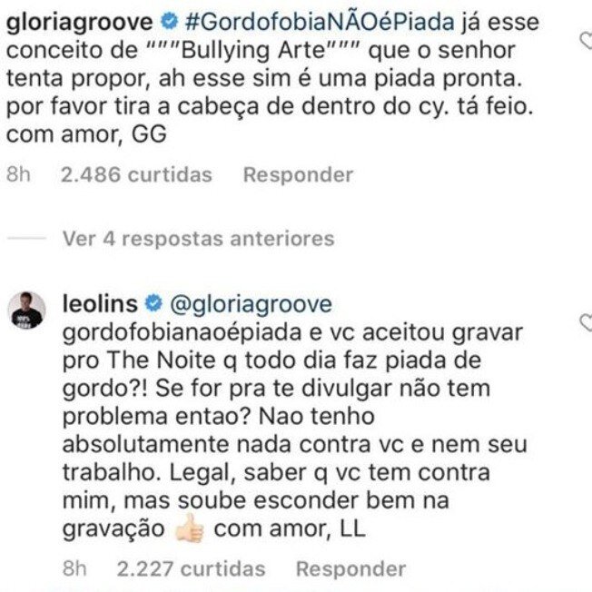 Print dos comentários entre Glória Groove e Léo Lins. Print dos comentários entre Glória Groove e Léo Lins.
