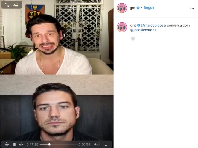 Atores Marcos Pigossi e João Vicente em live. Atores Marcos Pigossi e João Vicente em live.