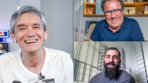Ex-participante do BBB, Kaysar Dadour e o apresentador do Mestre do Sabor, Claude Troisgros foram convidados de Serginho no Altas Horas da Globo (Imagem: Reprodução / Globo)